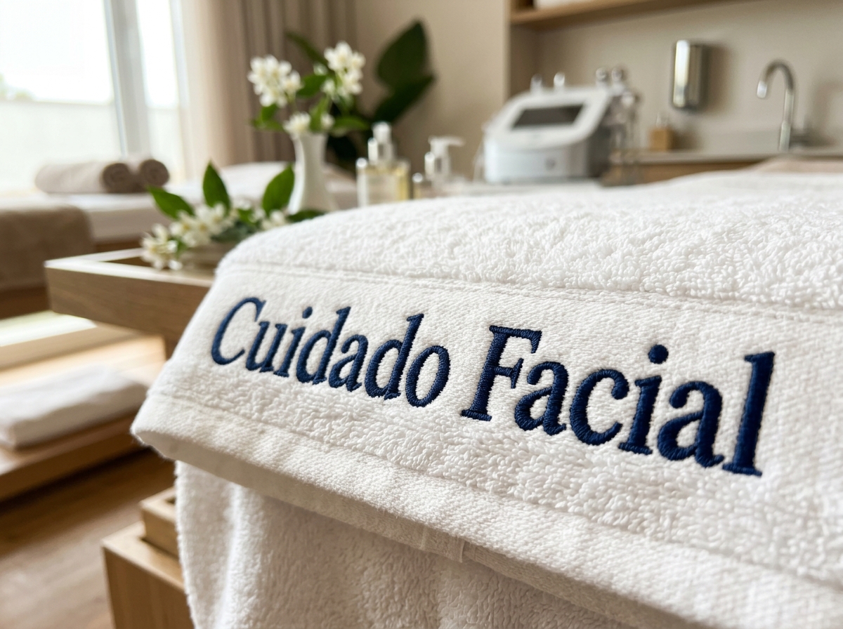 Toallas personalizadas para hoteles, gimnasios y spas presentadas en un ambiente premium, limpio y sofisticado. La escena muestra varias toallas blancas y beige de alta calidad, perfectamente dobladas y apiladas,